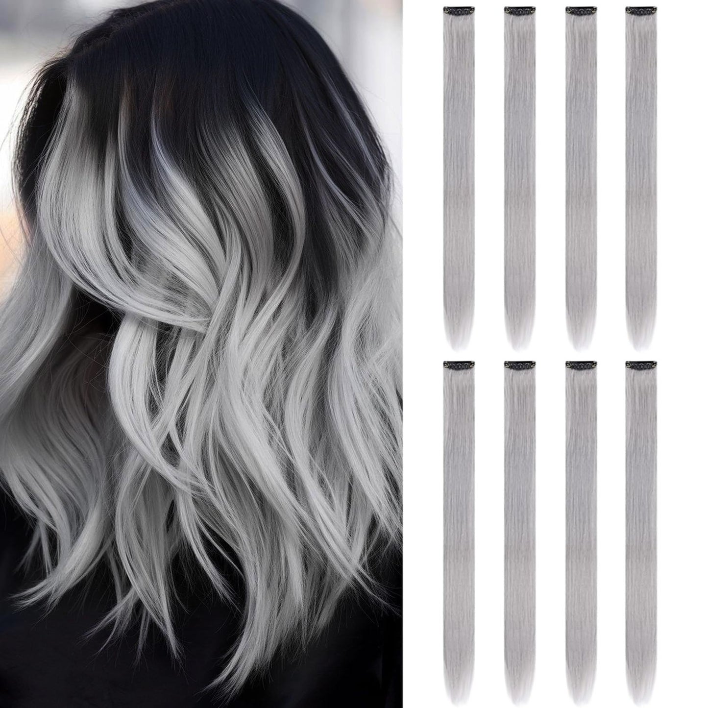 8 Pacotes de Extensões de Cabelo Sintético Coloridas 22 Polegadas Lisas Clip-In para Festas Natal Black Friday K-pop Presente de Ano Novo Cabelo