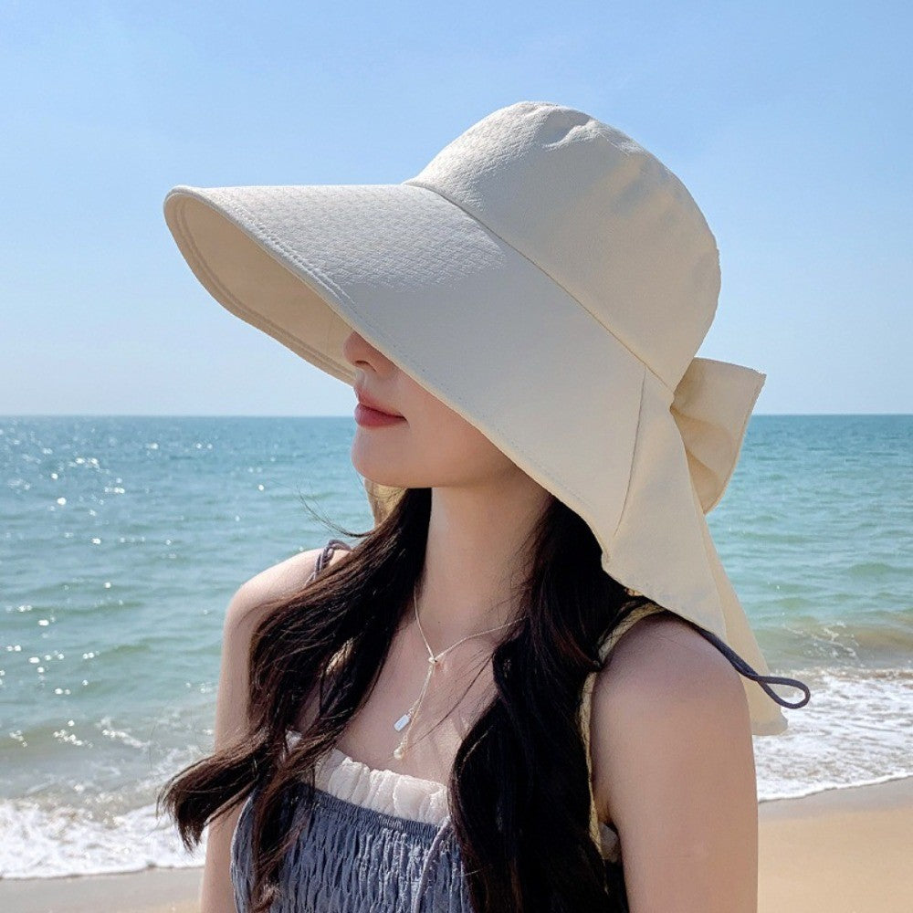 New Neck Protection Shawl Beach Cap Breathable Wide Brim Bucket Hat Bow Anti-UV Fisherman Hat Women
