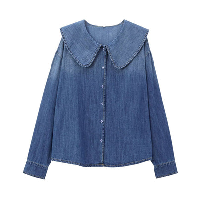 DiYiG  WOMAN 2024 Autumn and Winter New Fashion Lazy Style Denim Shirt Chic Doll Collar Button Versatile Top Blouses Mujer