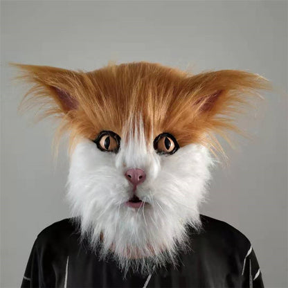 Latex with Fur Black Cat Cosplay Mask Scary Helmet Animal Funny Costume Hood Hair Mask Headwear Adult Halloween Party Props