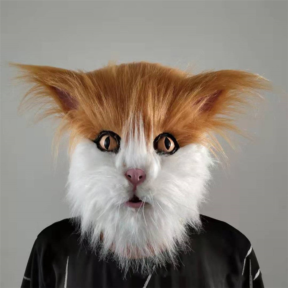 Latex with Fur Black Cat Cosplay Mask Scary Helmet Animal Funny Costume Hood Hair Mask Headwear Adult Halloween Party Props