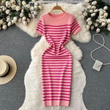 Summer Striped Beach Knitted Dress O Neck Short Sleeves Chic Hotsweet Slim Sundr