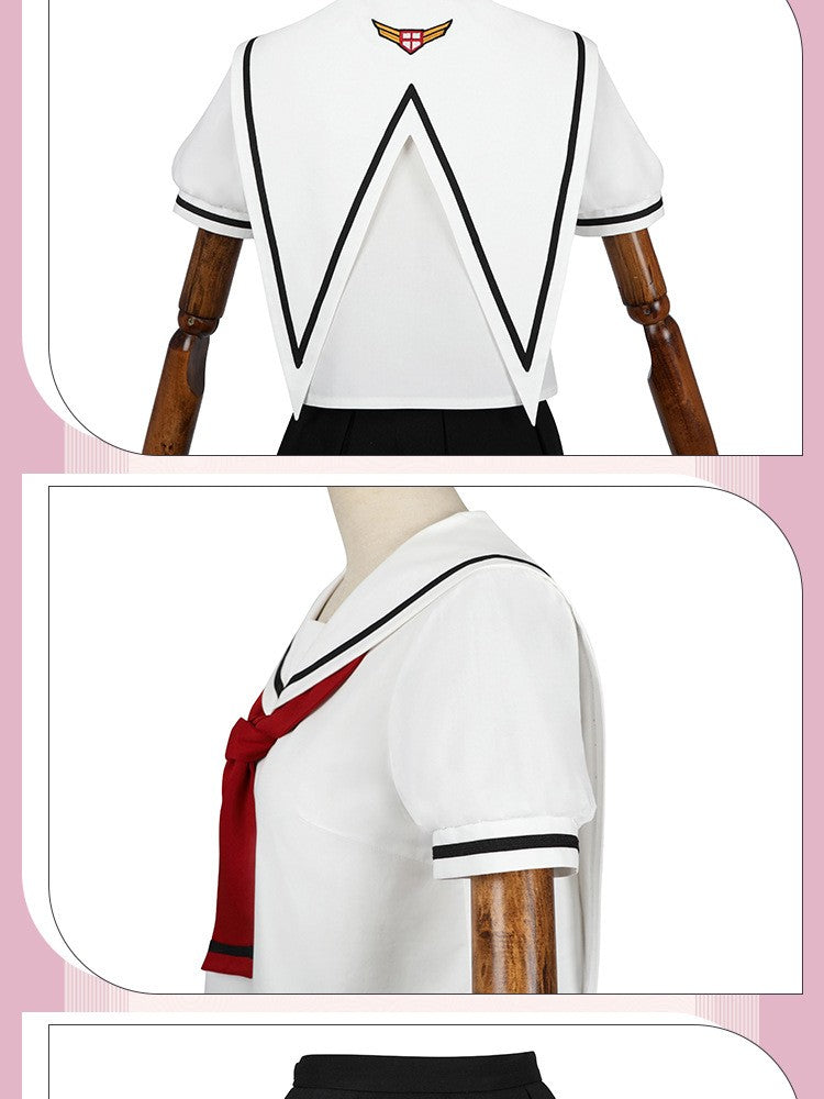 Women Spring Summer Sailor JK Uniform Full Set, Japanese Academy Outfit with Top Pleated Skirt Hat Bow Tie Socks