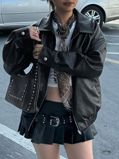 Autumn Women's Faux Leather Jackets 2025 Fall Long Sleeve Bomber Jacket Lapel Zip Up Motorcycle Coats Winter Clothing