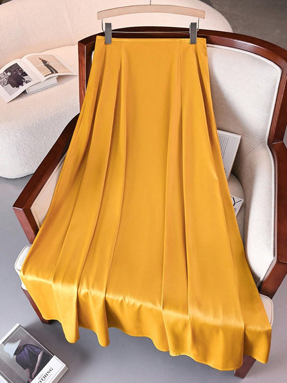 Elegant Satin A-line Long Skirts for Women High Quality Smooth Party Maxi Skirt with Pockets Y2K Lady Solid Women's Skirts
