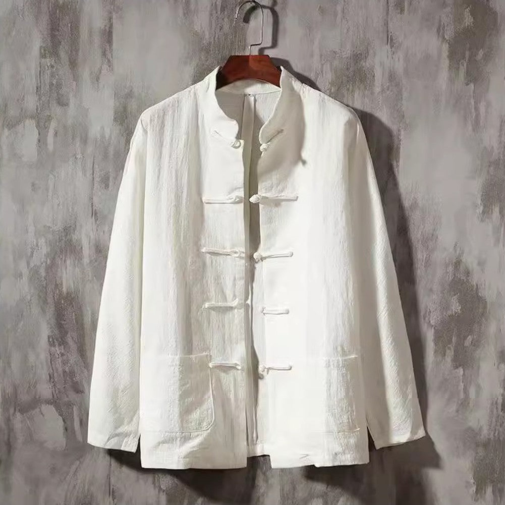 Casual Men's Chinese Style Linen Shirts Stand Collar Traditional Kung Fu Tai Chi Shirt Coat Tang Suit Uniform Jacket Men Clothes