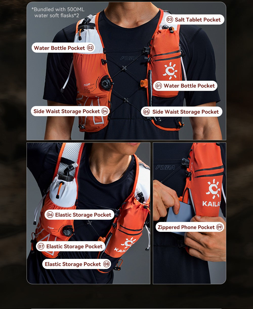 KAILAS FUGA AIR 8L Unisex Travel Marathon Trail Running Hiking Cycling Backpacks  with Dual Soft Water Bottles KA2554005