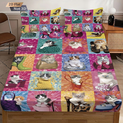 3pcs fabric splicing cute cat coreless bed sheet set, multi size bed cover bedroom bedding, holiday decoration, machine washable