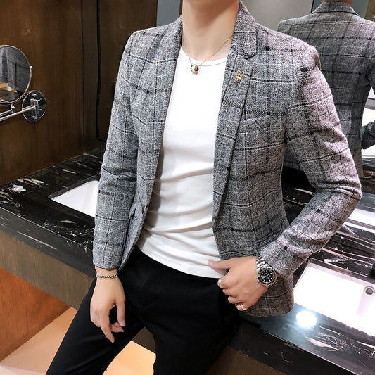 2025 New Men's Casual Plaid Suit Jacket Male Linen Plaid Business Self-cultivation Wedding Dress Party Suit Coat Plus Size S-5XL