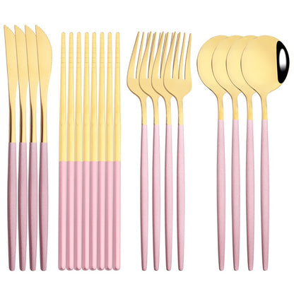 12-16Pcs Chopsticks Knife Fork Spoon Cutlery Set Green Gold Dinnerware Set Luxury Stainless Steel Flatware Korean Tableware Set
