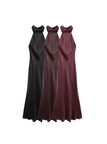 TRZA-Women's Long Satin Halter Dress, Backless, Bow Tied, Back Zipper, Female Dr