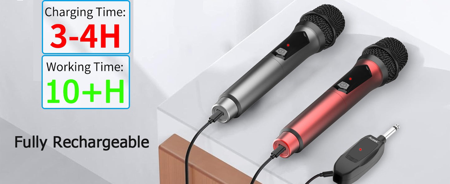 Microfone Sem Fio Aveek para Alto-falante e Máquina de Karaokê, Microfone de Karaokê Recarregável de 2.4GHz (Funciona por 10h), para Festas, 2 Pacotes