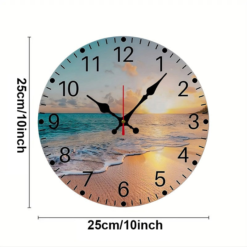 The Beach Wooden Round Silent Hanging Wall Clock, Suitable For Living Room, Office, Study Room, Bedroom, Home Decoration