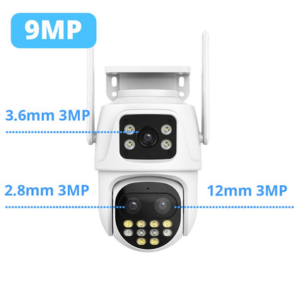 9MP WIFI IP Camera Three Lens Dual Screen With 8X Zoom 6MP PTZ Camera Ai Auto Tracking Security Video Surveillance Camera iCSee