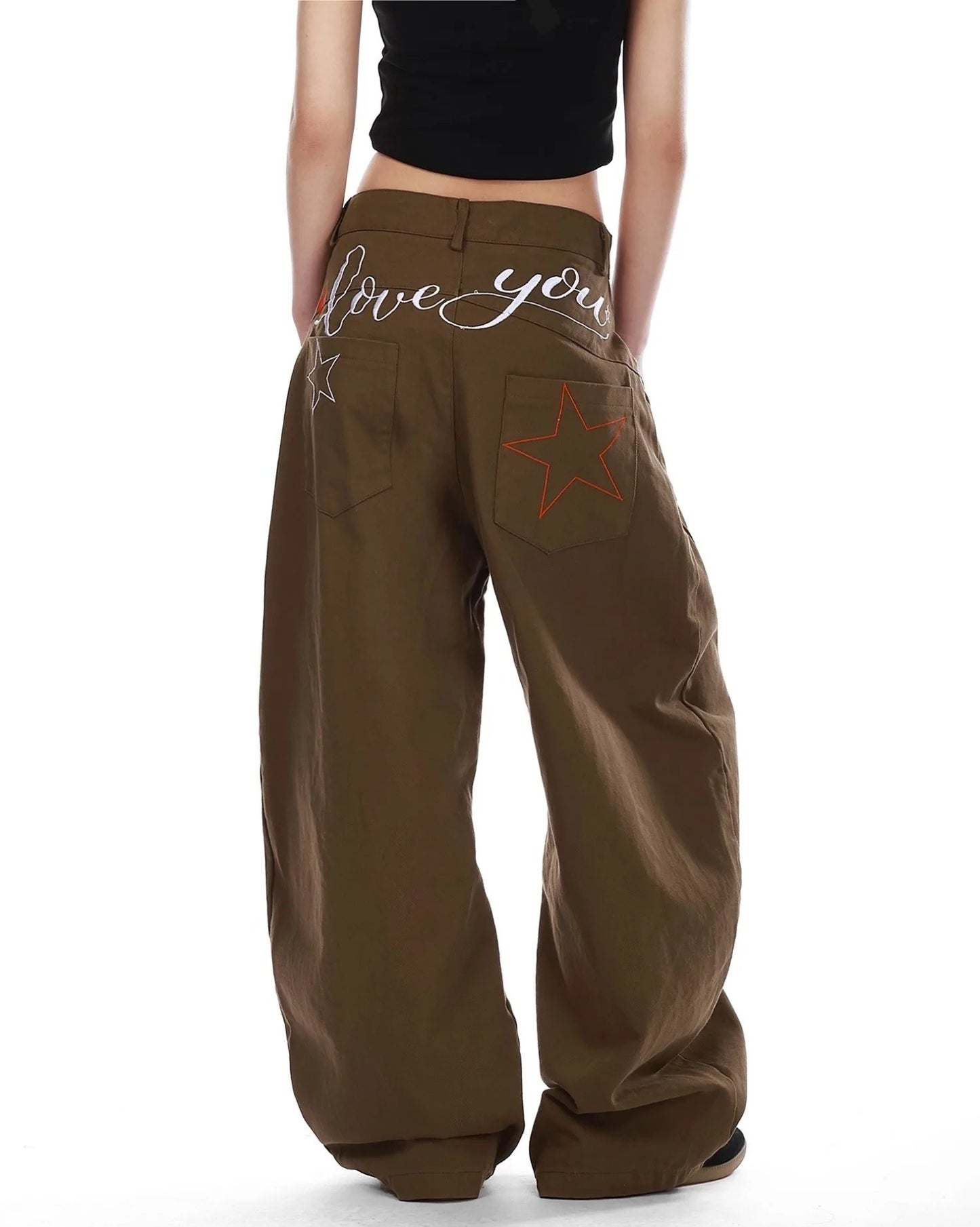 Retro American Star Letter Embroidery Wide Leg Jeans Men's Loose Long Trousers Workwear Pants Summer Denim Low Waist Straight