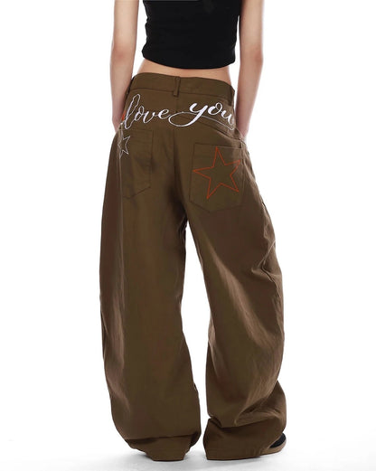 Retro American Star Letter Embroidery Wide Leg Jeans Men's Loose Long Trousers Workwear Pants Summer Denim Low Waist Straight