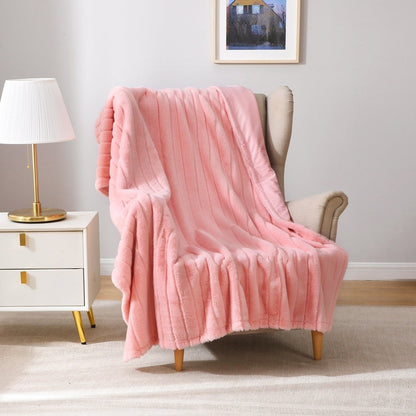 Luxurious Pink Stripe Faux Fur Throw Blanket 50x60 Super Soft Micro Mink Reversible Machine Washable Cozy Home Decor
