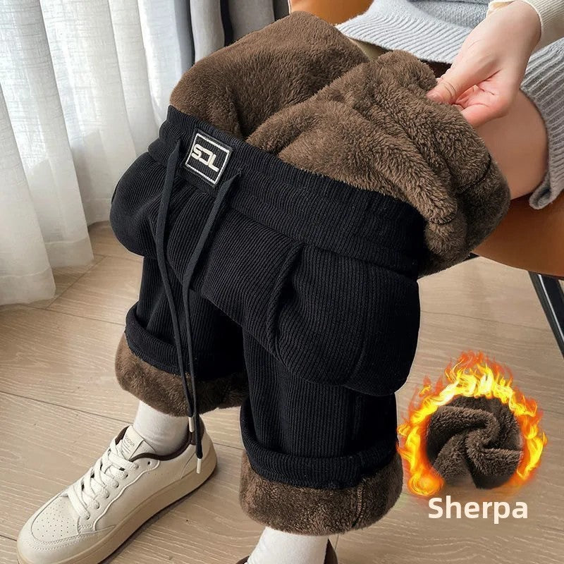 Thickened Fleece Lamb Velvet Large Size Corduroy Wide Leg Casual Straight Leg Pants Women Autumn Winter Special Thick Shiny Casu