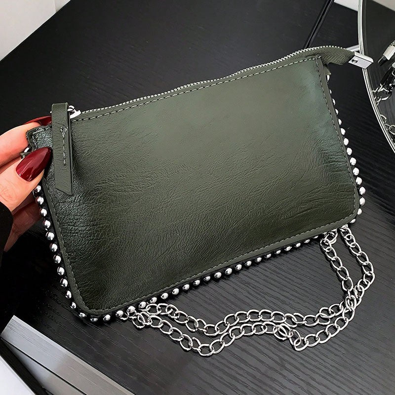 Women's retro classic bead chain design elegant and exquisite crossbody bag solid color commuting envelope bag.