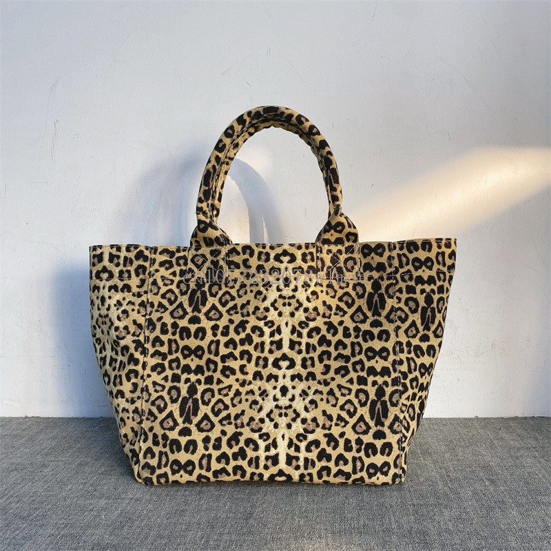 Korean Fashion Leopard Pattern Shoulder Bag Trendy Letter Embroidery Tote Bags Women Canvas Large Capacity Handbag Shopping Bags
