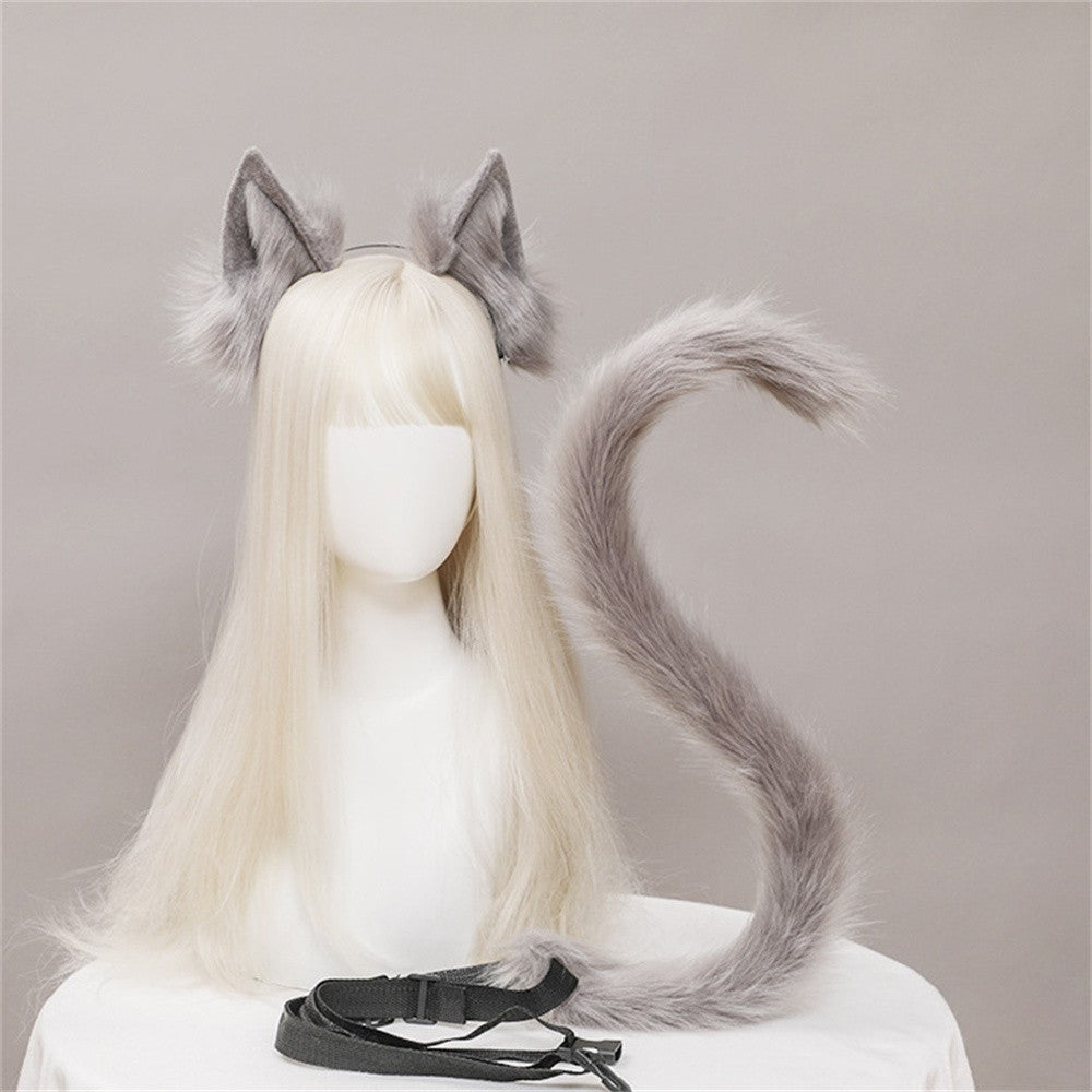 2Pcs/set Plush Cat Ears Tail Set Realistic Lolita Headband Cat Tail Cosplay Props Hand-made Simulation Animal Ears