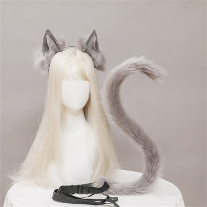2Pcs/set Plush Cat Ears Tail Set Realistic Lolita Headband Cat Tail Cosplay Props Hand-made Simulation Animal Ears