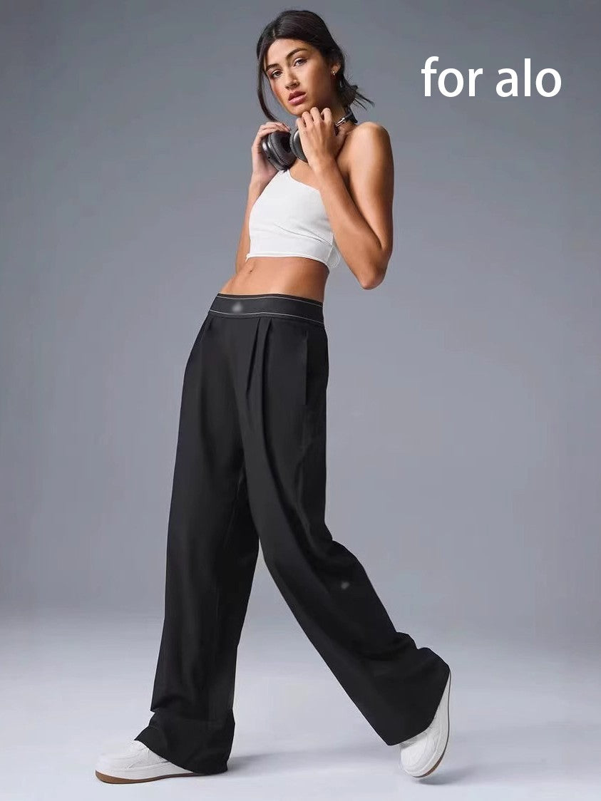 for aIo New Women's Sports Yoga Pants Wide Leg Quick Dry Elastic Waist Straight Trousers Fitness Casual Solid Black Summer Wear