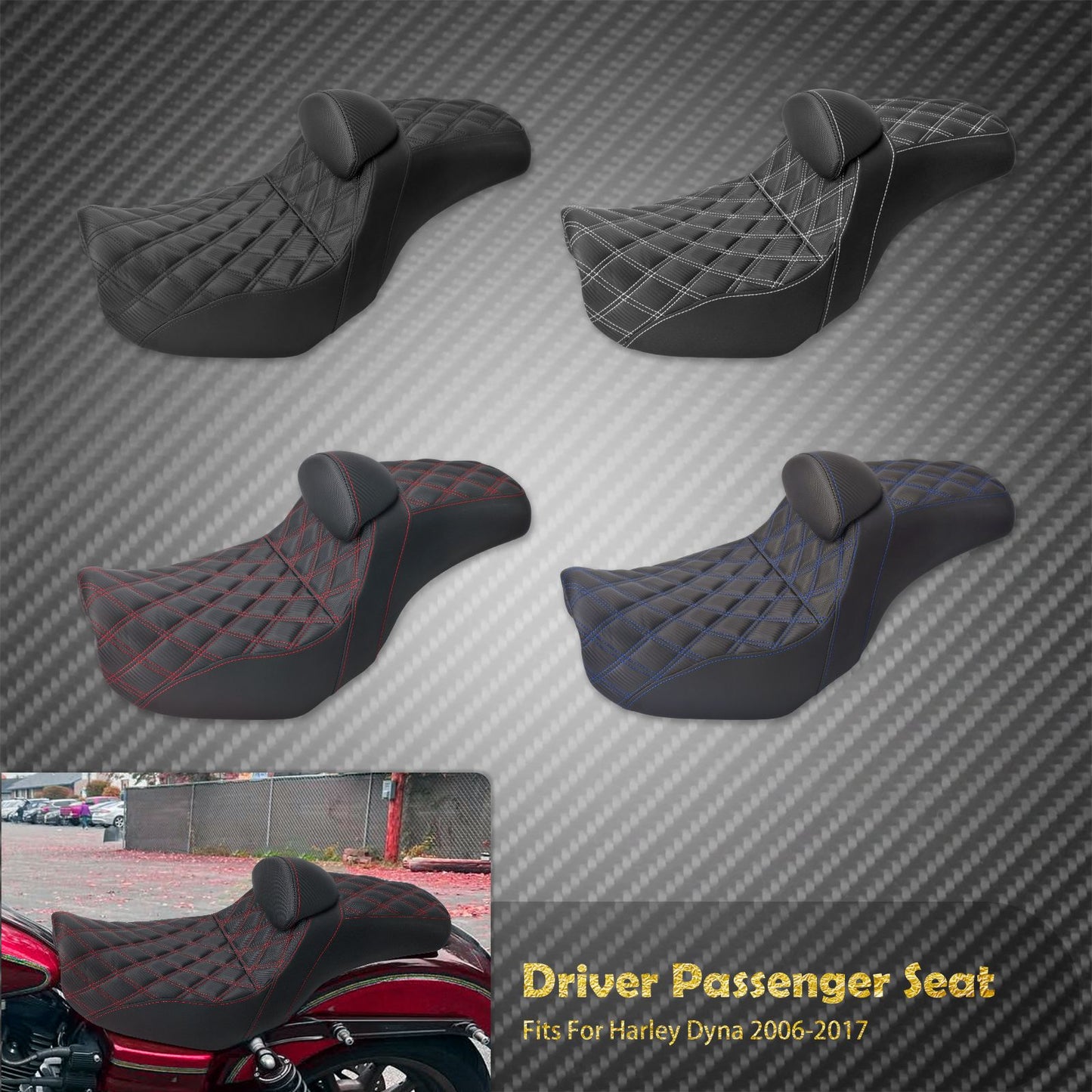 Assento de motocicleta para motorista e passageiro com encosto, almofadas de couro, assento de piloto para Harley Dyna Low Rider Fat Bob FLD 06-2017