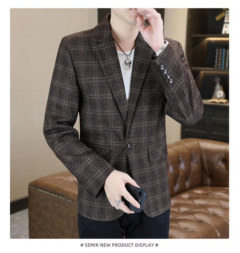 Blazer's New Men's Fashion Outdoor Travel Camping Youth Wedding Hosting Campus Slimming Casual Checkered Korean Version Blazer