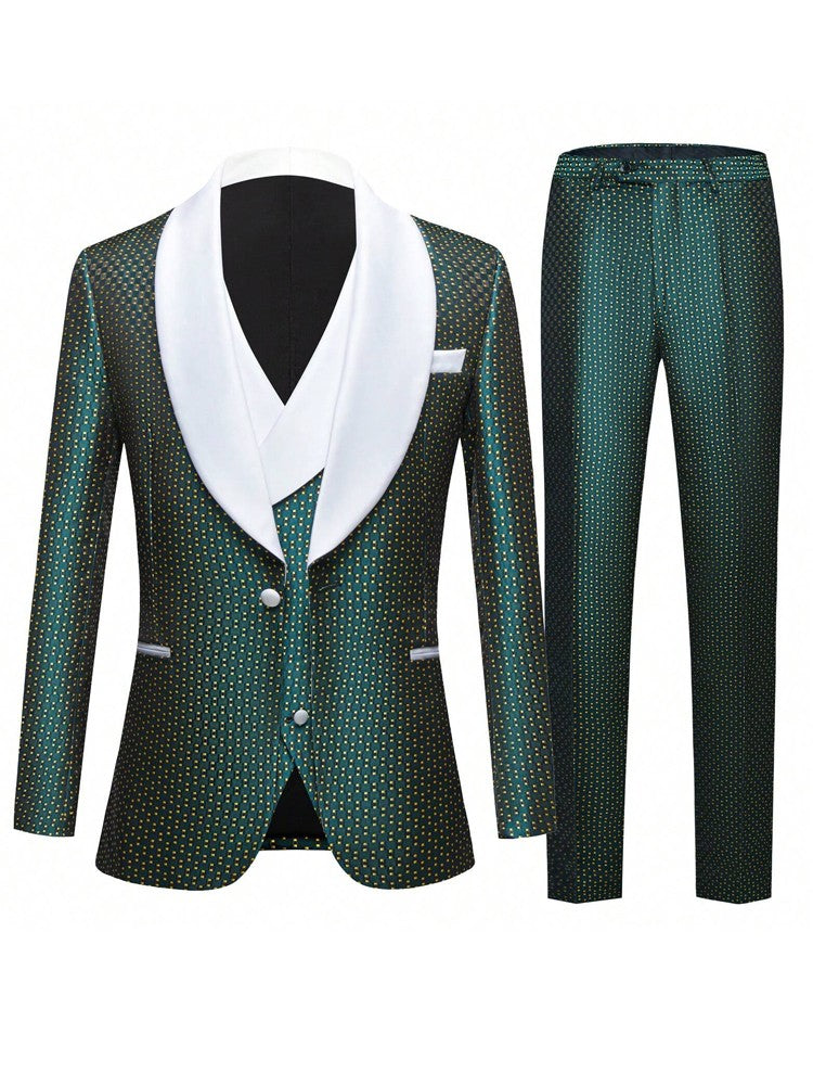 Men's three-piece green jacquard slim-fitting suit set, including paisley pattern suit jacket, vest, and pants, suitable for bal