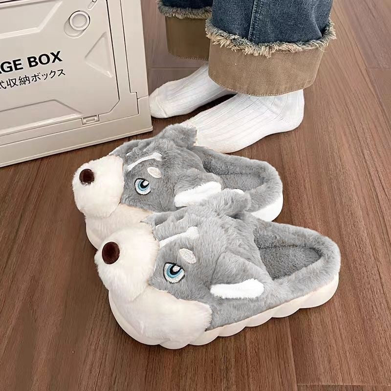 Men Indoor Cotton Slippers Cute Cartoon Dog Winter Warm Shoes Couples Home Floor Slides Anti-slip  Female Male House Footwear