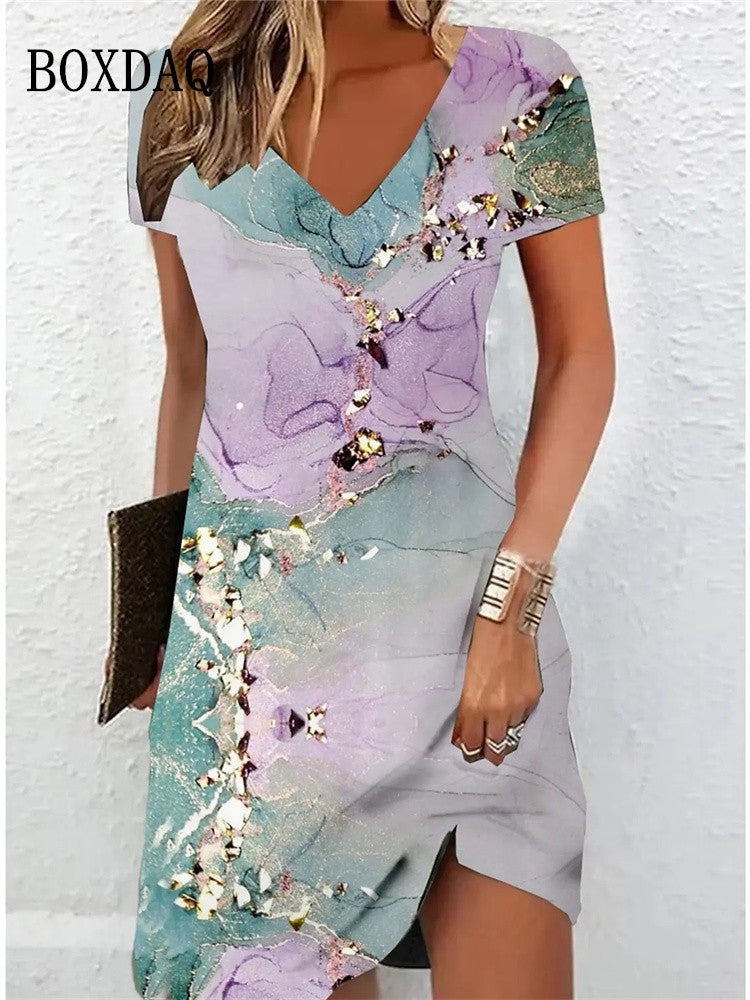 Women's Casual Dress Summer 2024 Marble Print V Neck Short Sleeve Midi Dress Tie