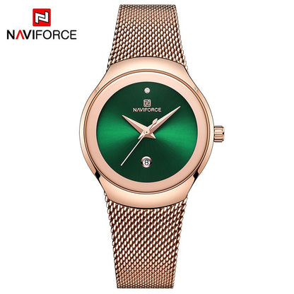 NAVIFORCE Luxury Green Analog Date Quartz Fashion Ladies Watches Mesh Steel Strap Waterproof Business Women Wristwatch Clocks