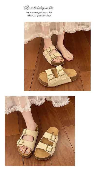 Bebealy Women's Sandals Soft-soled Platform Sandals Double Buckle Roman-style Belt-buckle Slippers Popular Slip-on Flat Slippers