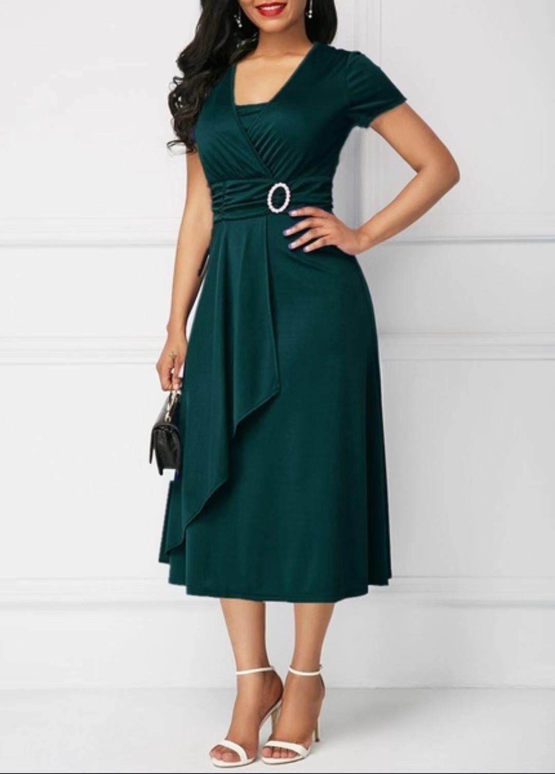 Summer Dresses Elegant Women Solid Color Short Sleeve V Neck Asymmetric Hem Wais