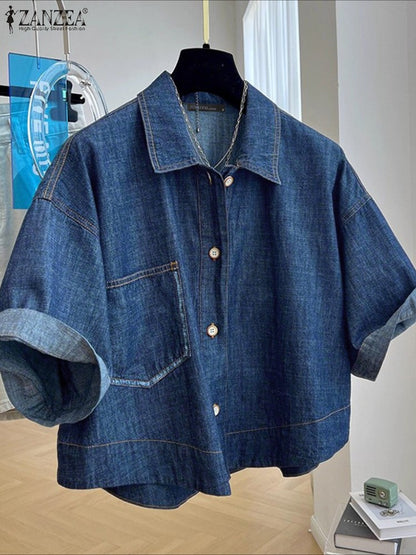 ZANZEA Denim Cardigan Shirts Women Elegant Office Blusas Casual Lapel Neck Outwears 2025 Half Sleeve Solid Color Fashion Tunic