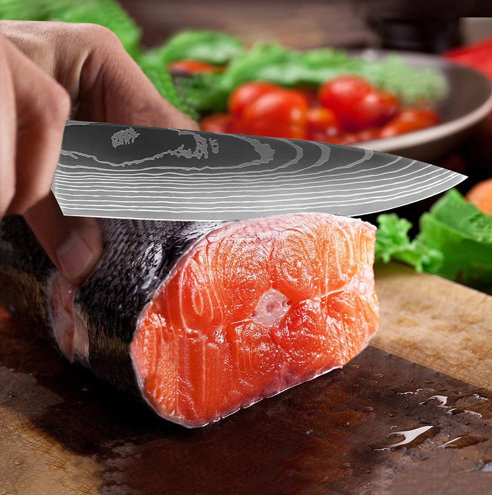 Conjunto de Facas de Cozinha 15 Peças Com Bloco de Madeira, Faca Profissional de Chef em Aço com Padrão de Damasco a Laser, Com Tesoura e Afiador