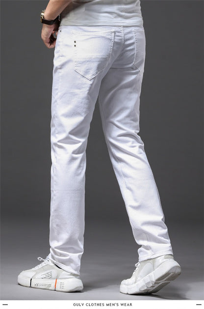 Calça Jeans Masculina Branca Casual Clássica Slim Fit Macia Marca Masculina Avançada Stretch