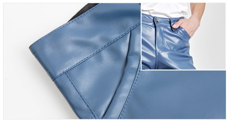 New Men Solid Color Slim Fit Faux Leather Pants Green / White / Black Homme Bar KTV High Street Biker Trousers