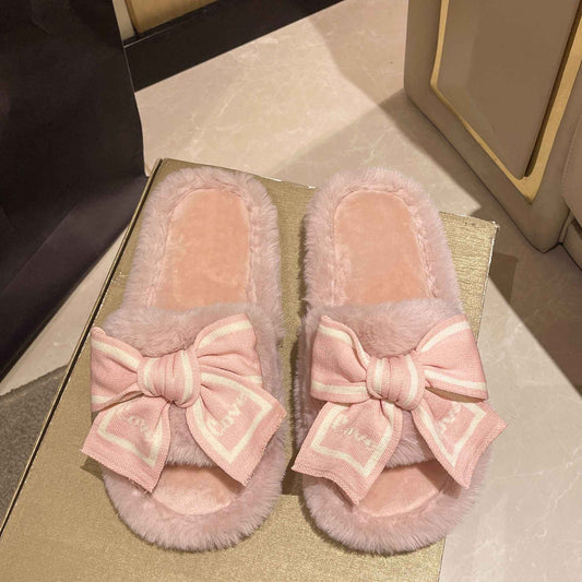Casual Fluffy Slippers Women House Flats Fashion Winter Bowknot Love Designer Shoes Ladies Home Plush Platform Elegant Footwear