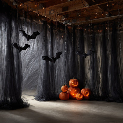 Large Black Sheer Tulle - Halloween Spooky Party Decor, Elegant Door Curtain, Wall & Table Decoration