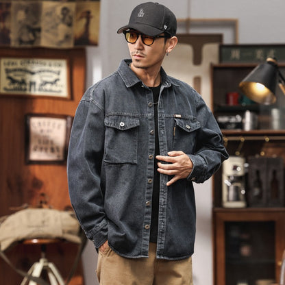 Men's Heavyweight Washed Salt-Faded Long Sleeve Denim Shirt Japanese Retro Loose Cargo Shirt Jackets Chest Pocket Man Outwear