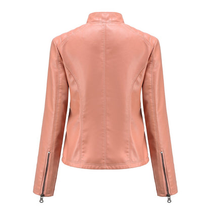 2025 Autumn Women's Black Moto Biker Zipper Jacket, Red Apricot Coffee PU Coat, Light Purple Outerwear.