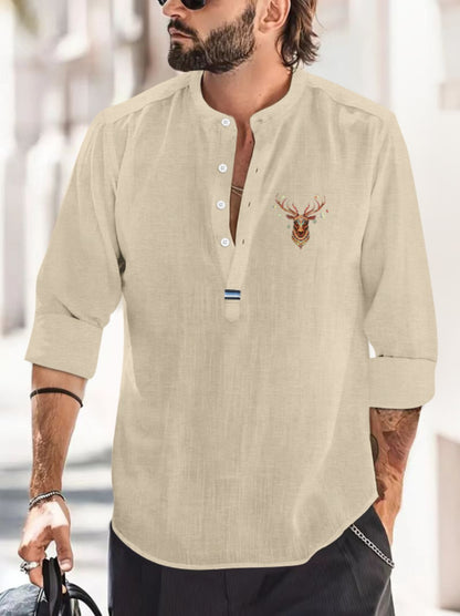 2025 Men's fashionable spring and autumn leisure beach style solid color top collarless creative pattern shirt