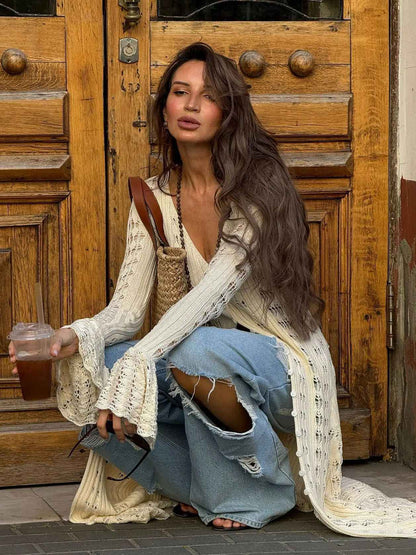 Hollow Breasted Sweater Long Dress Women Summer Party Dresses Cover Up Elegant S