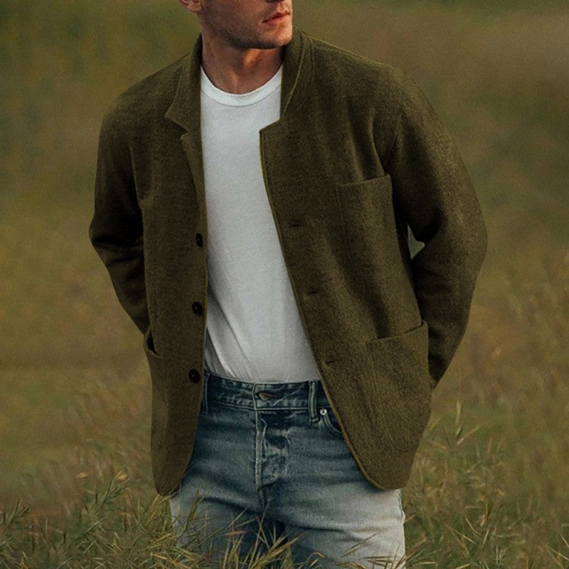 Men Woolen Coat Stand Collar Solid Color Windproof Autumn Winter Thicken Trench Coat Overcoat Business Windbreaker Streetwear