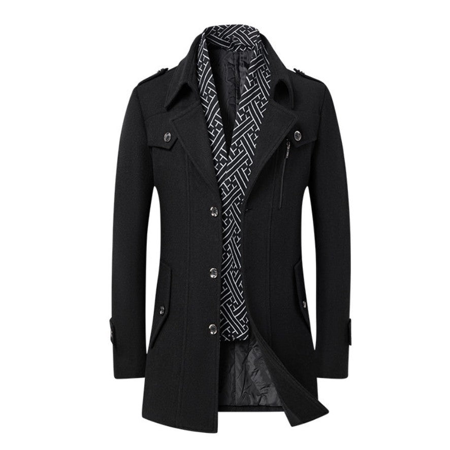 High-quality men's fashionable, stylish, versatile, trendy and casual autumn and winter woolen overcoat with a scarf