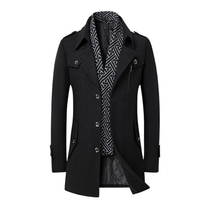 High-quality men's fashionable, stylish, versatile, trendy and casual autumn and winter woolen overcoat with a scarf