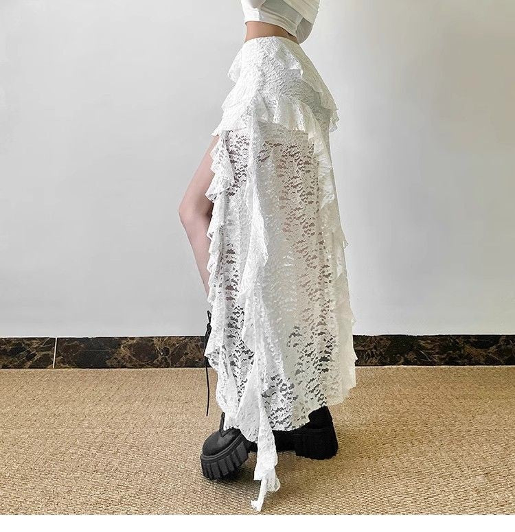 Gothic Skirt 2000s Summer Women's Clothes Gyaru Kpop Streetwear Lace High Waist Casual Aesthetic Long Skrit Femme Hip Hop Skirts