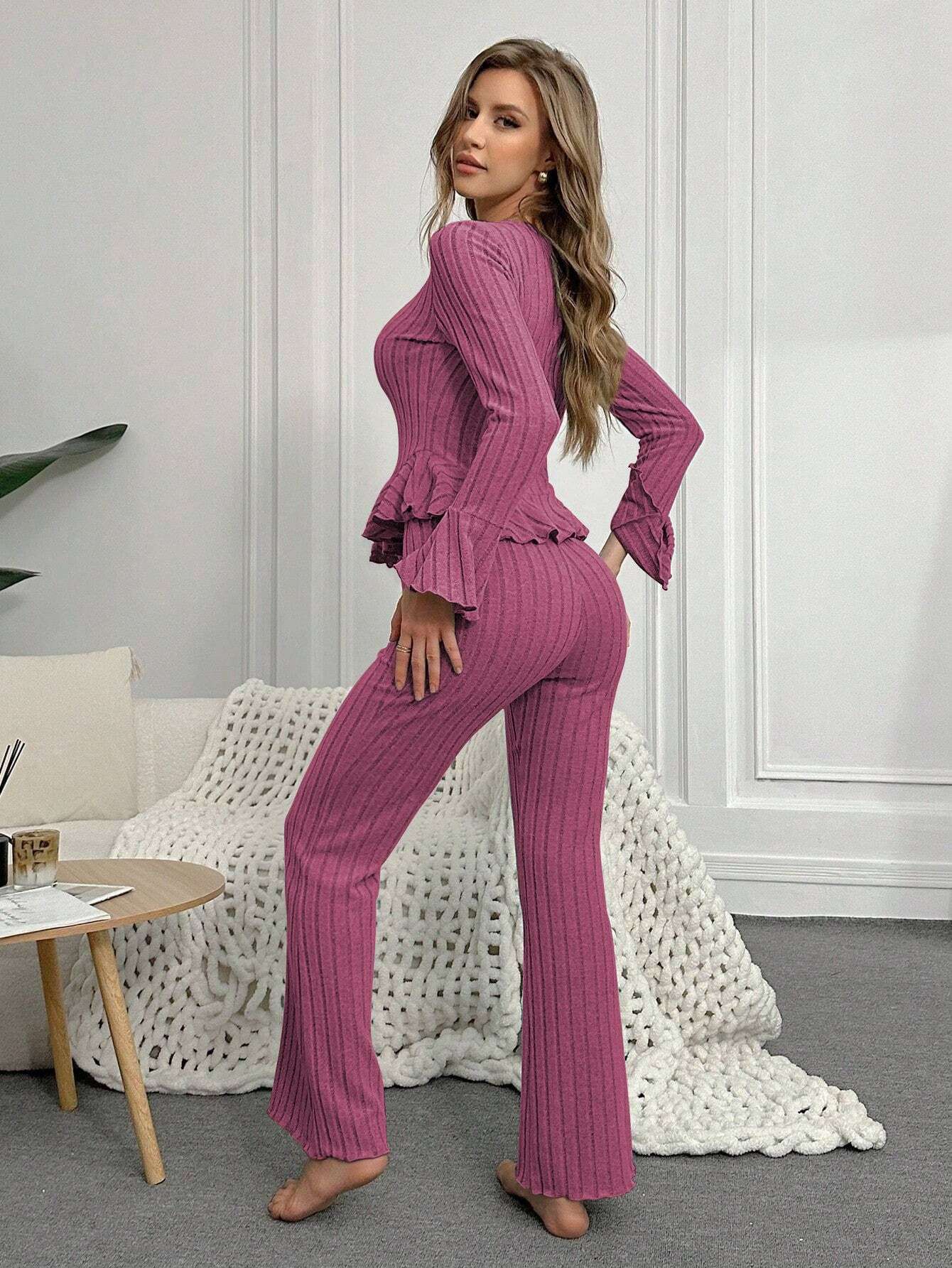 Home Wear Sexy V-neck Fashionable Length Pants Set Autumn Winter Comfortable Casual Slim Fit Women Two-piece Set pajama